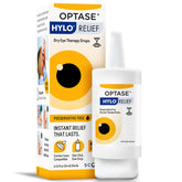 Optase HYLO Relief bottle close-up showing preservative-free hydration for sensitive eyes.