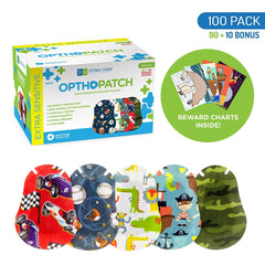 OPTHOPATCH patch on a child's eye area with playful boys design for daily use