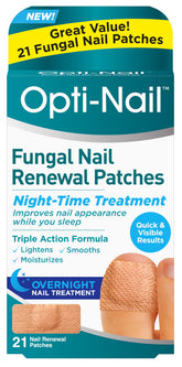 Opti-Nail patch on damaged toenail for overnight renewal and smoother appearance.