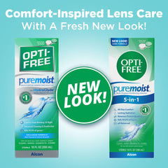 Opti-Free Puremoist bottle beside the lens case for convenient on-the-go cleansing.