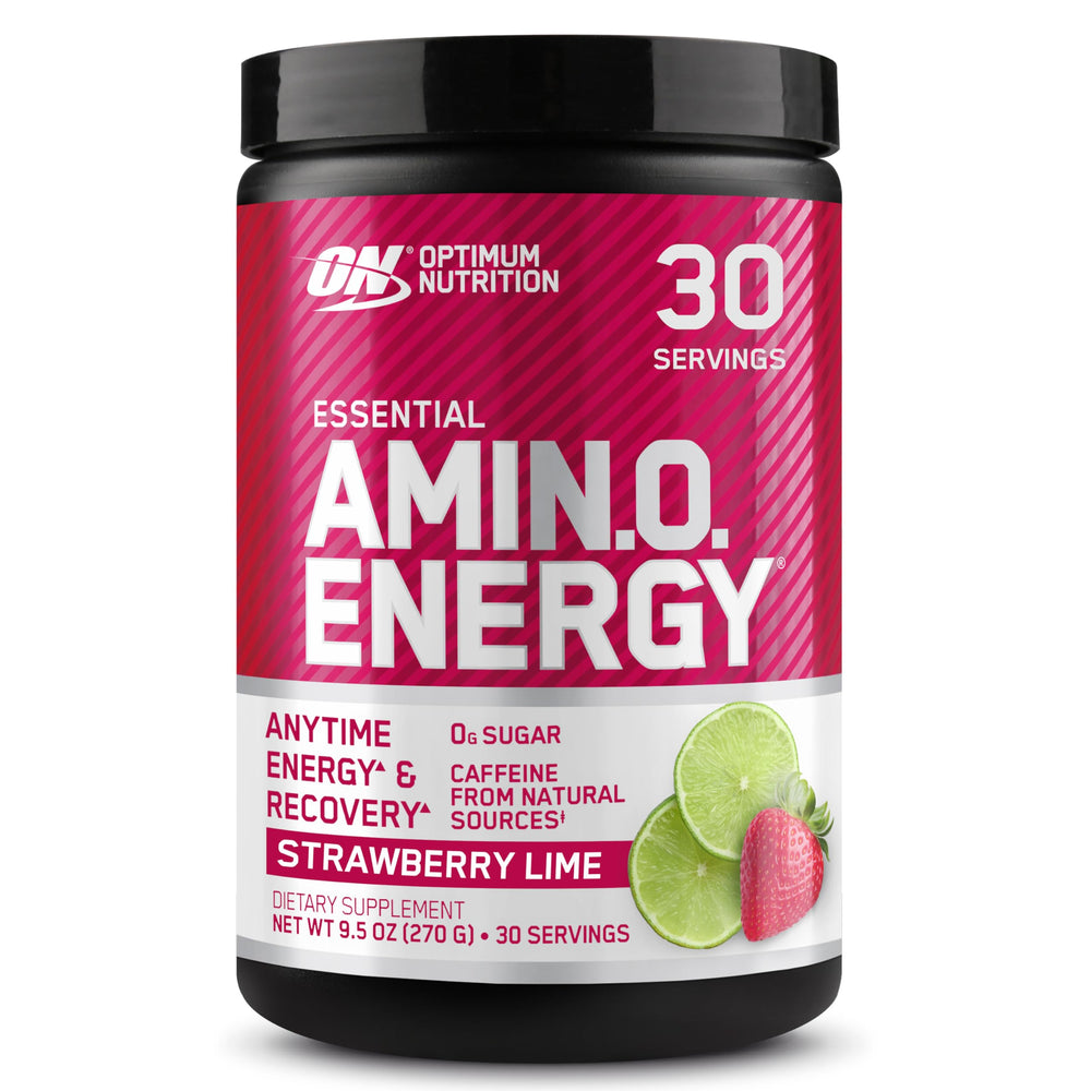Optimum Nutrition Amino Energy powder bottle with strawberry lime flavor, offering energy and focus