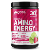 Optimum Nutrition Amino Energy powder bottle with strawberry lime flavor, offering energy and focus