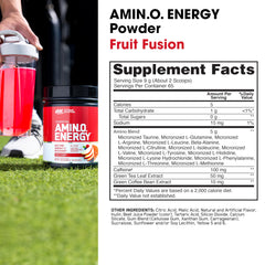 Optimum Nutrition Amino Energy prepared drink highlights Fruit Fusion flavor and energy lift.