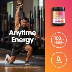 Tub label of Optimum Nutrition Amino Energy Tropical Sunrise showing flavor and servings.