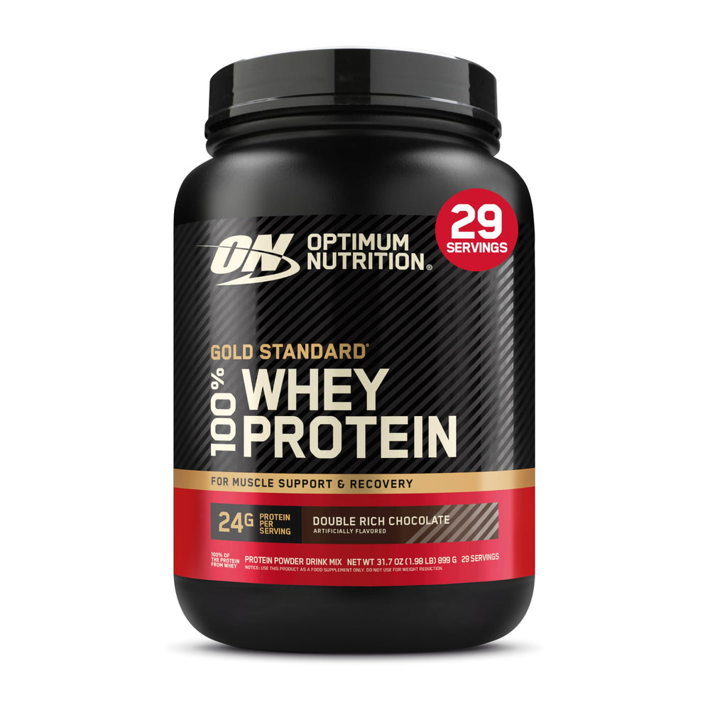 Optimum Nutrition Gold Standard Whey bottle front, showing trusted protein source for athletes