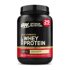 Optimum Nutrition Gold Standard whey tub vanilla ice cream for post-workout fueling