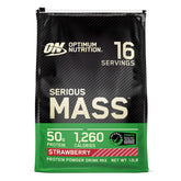 Optimum Nutrition Serious Mass bottle shows high-calorie mass gainer for workouts.