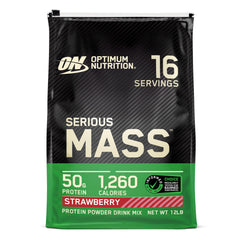 Optimum Nutrition Serious Mass bottle shows high-calorie mass gainer for workouts.