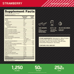 Optimum Nutrition Serious Mass strawberry label close-up highlights 1,250 calories per serving.