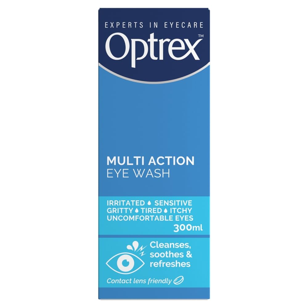 Optrex Multiaction Eye Wash bottle pouring to rinse and refresh eyes