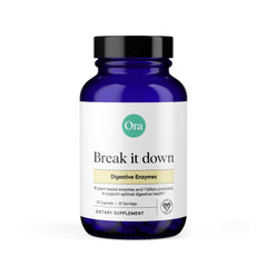 Ora Organic Break It Down bottle close-up showing vegan digestive enzymes for digestion