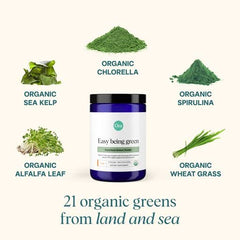 Ora Organic Greens Powder jar label highlighting organic certification and allergen-free formula.