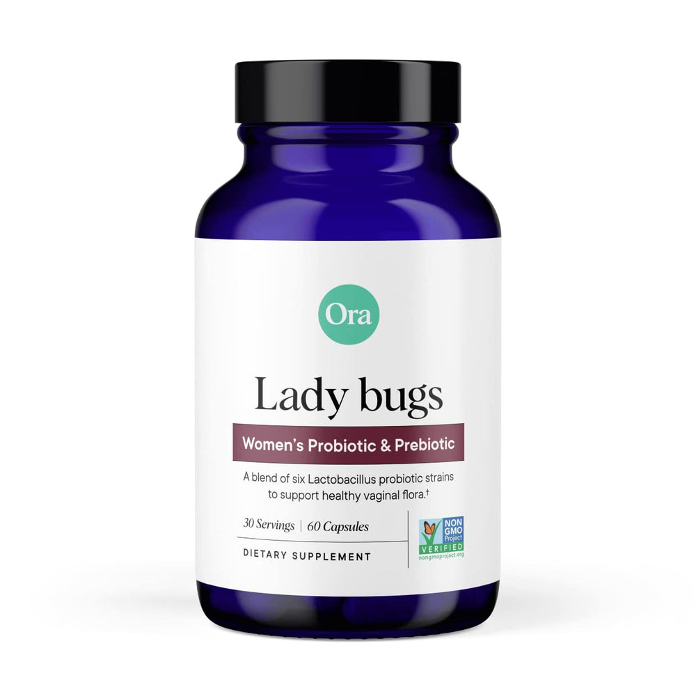 Ora Organic Lady Bugs bottle closeup showing vegan probiotic for vaginal and urinary balance