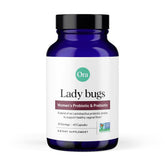 Ora Organic Lady Bugs bottle closeup showing vegan probiotic for vaginal and urinary balance