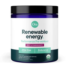Ora Organic Pre Workout Powder Berry Beet tub on counter highlights vegan formula for workouts