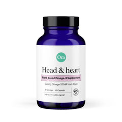 Ora Organic vegan Omega-3 DHA bottle from algae supports sustainable wellness and daily cardiovascular care.