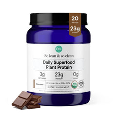 Ora Organic vegan protein powder chocolate tub highlighting complete amino acid profile for balance.