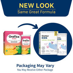 OraTicx Kids Dental Probiotics dissolving tablet shown for bedtime routines.