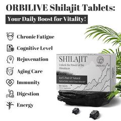 Close-up of ORBILIVE Shilajit tablets showing purification process and high purity
