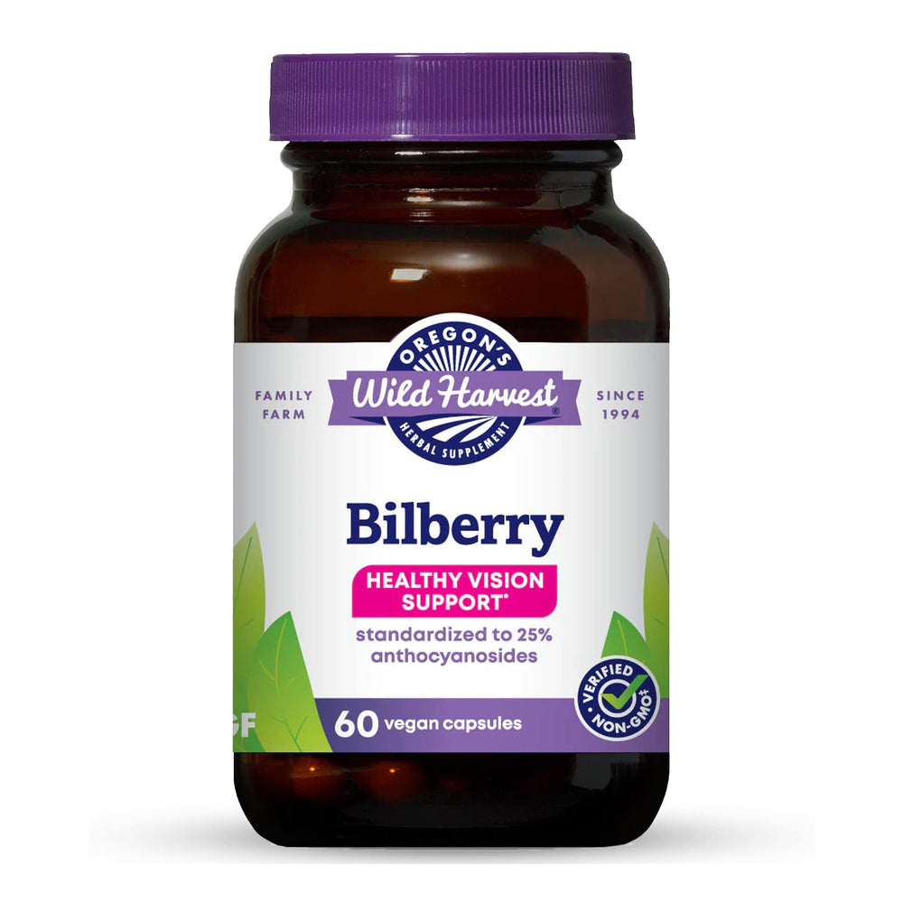 Oregon's Wild Harvest Bilberry capsules bottle front for convenient antioxidant support.
