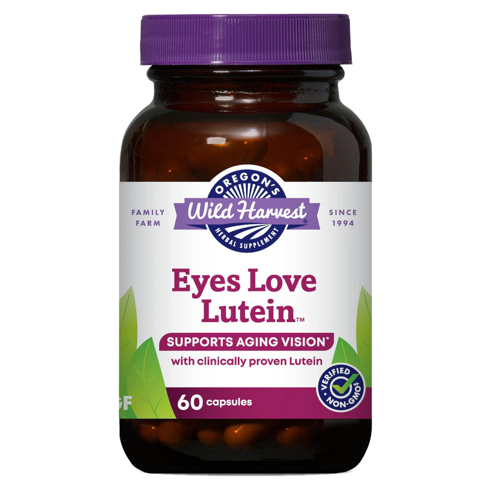 Oregon's Wild Harvest Eyes Love Lutein bottle on shelf supports aging vision.