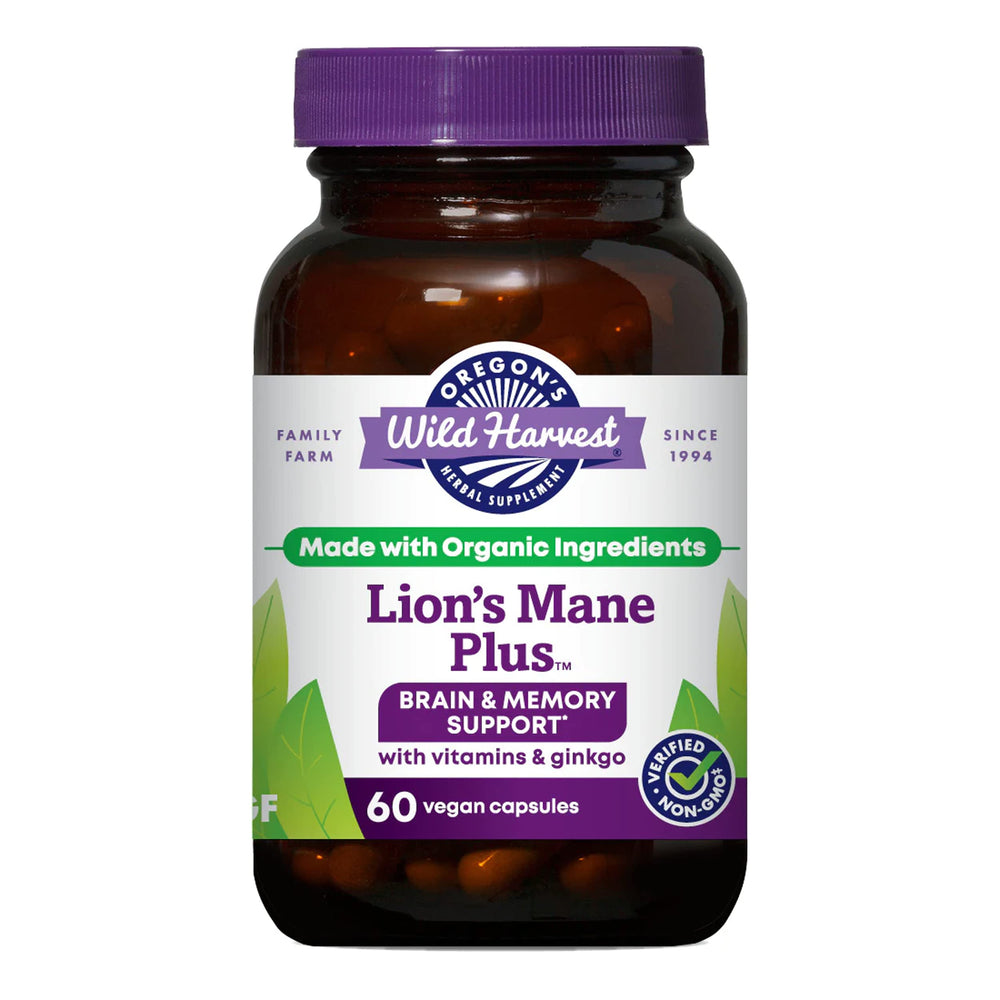 Oregon's Wild Harvest Lion's Mane Plus bottle front, highlighting organic brain support blend.