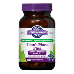 Oregon's Wild Harvest Lion's Mane Plus bottle front, highlighting organic brain support blend.
