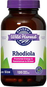 Oregon's Wild Harvest Rhodiola supplement bottle front view supports daily energy and focus.