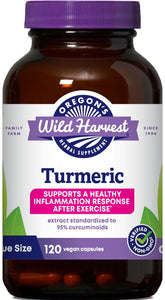Oregon's Wild Harvest turmeric bottle label highlighting organic turmeric and curcuminoids.
