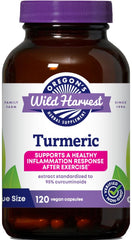 Oregon's Wild Harvest turmeric bottle label highlighting organic turmeric and curcuminoids.