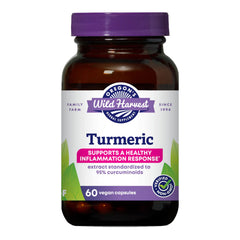 Oregon's Wild Harvest turmeric-curcumin capsules bottle closeup showing potential joint support.