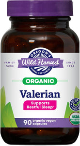 Oregon's Wild Harvest valerian bottle front, highlighting organic sleep support.