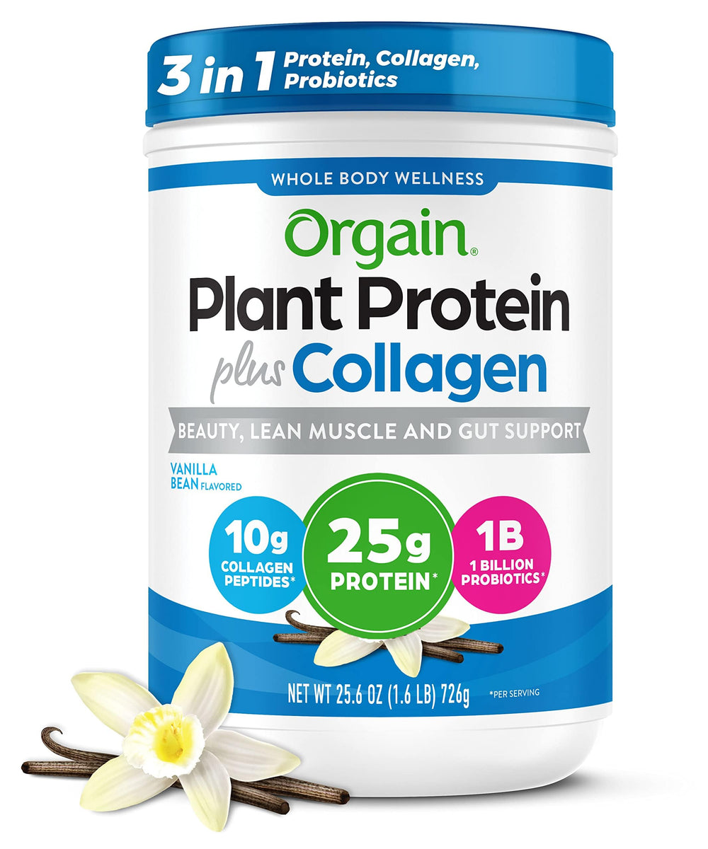 Orgain Vanilla Bean Protein Powder with collagen on the canister; creamy daily protein boost.