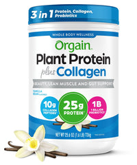 Orgain Vanilla Bean Protein Powder with collagen on the canister; creamy daily protein boost.