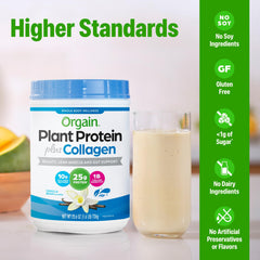 Orgain scoop beside powder suggests quick shakes after workouts.