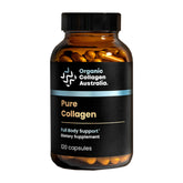 Organic Collagen Australia bottle with capsules; supports skin elasticity and hair health.