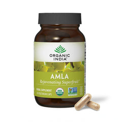 ORGANIC INDIA Amla capsules bottle front, highlighting daily antioxidant support.