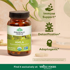 ORGANIC INDIA Amla capsules label closeup, showcasing organic gooseberry ingredients.