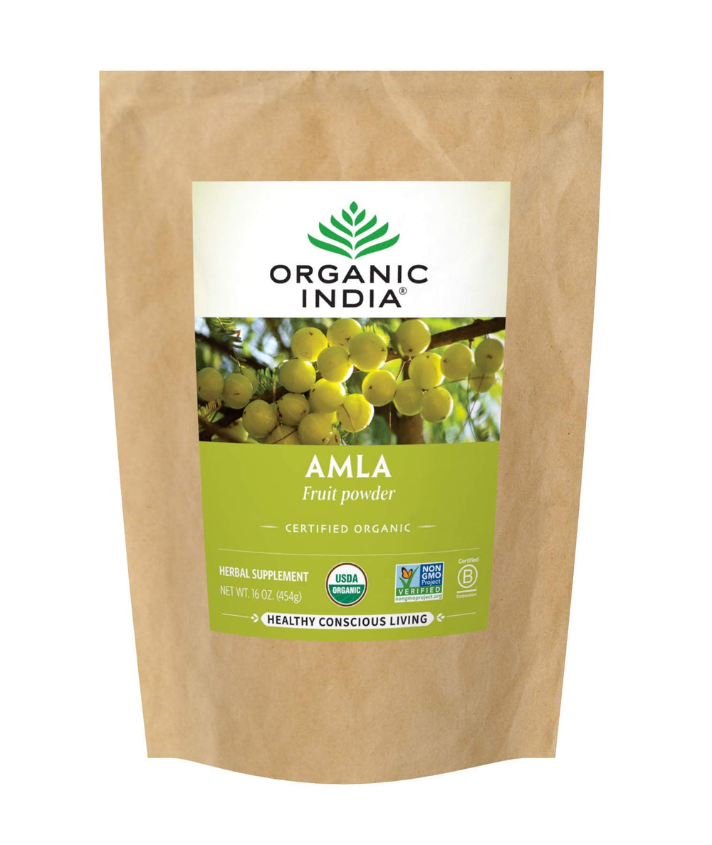 Organic India Amla powder package front highlighting vegan, antioxidant-rich immune support.