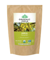 Organic India Amla powder package front highlighting vegan, antioxidant-rich immune support.