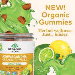Close-up of chewy Organic India Ashwagandha Gummies texture for daily calm.