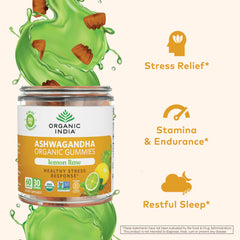 Organic India Ashwagandha Gummies organic label signals pesticide-free, quality ingredients.