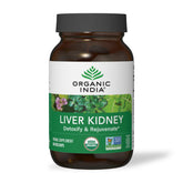 Organic India Liver Kidney bottle showing detox-focused herbal blend for daily wellness.
