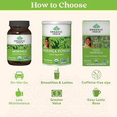 Packaging highlighting LEED Platinum certification for Organic India Moringa powder.