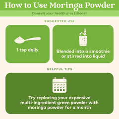 Scoop dispensing Organic India Moringa powder for easy serving in smoothies.
