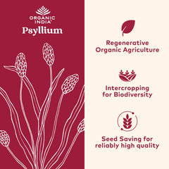 Organic India Psyllium fiber measuring scoops near powder for daily use.