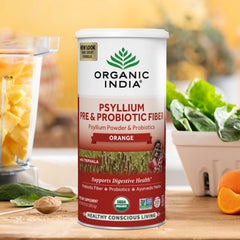 Organic India psyllium husk orange powder ready to blend into recipes