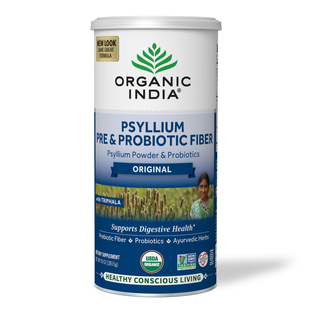 Organic India Psyllium Husk Powder bottle front showing organic fiber for daily digestion.