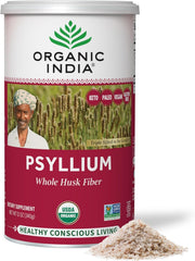 ORGANIC INDIA psyllium husk powder canister front shows organic certification and fiber-rich formula.