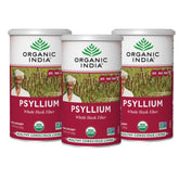 Organic India Psyllium powder bottle shows whole husk fiber for gentle elimination.